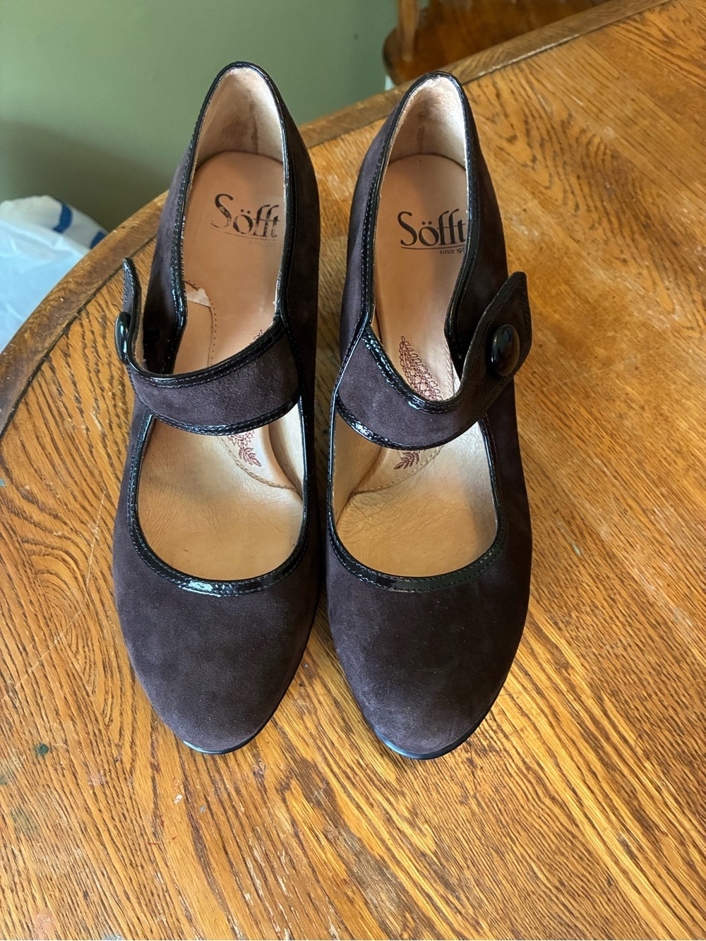 Söfft Dark Brown Suede Mary Jane Heels with Patent Trim